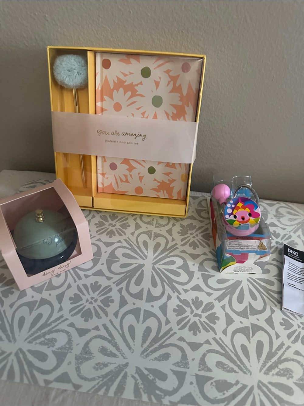 Floral Journal Set with Pastel Pom Pen, book light and distract me please  bell
